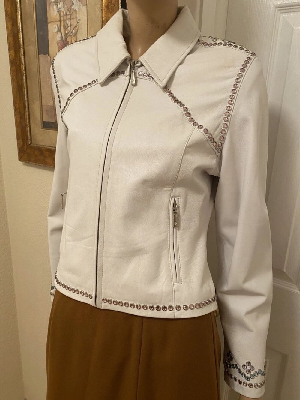 CRIPPLE CREEK Off White Leather Rhinestones Embellished Blingy Jacket S Small - Picture 9 of 16